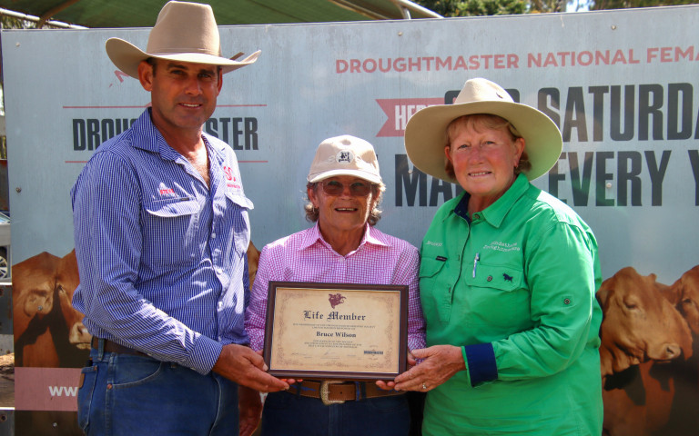 Bruce Wilson’s wife Jeanette Wilson (centre) receives his Life Membership honour, presented by Steven Farmer, Droughtmaster Australia President, and Brownyn Betts, Director South East Zone.