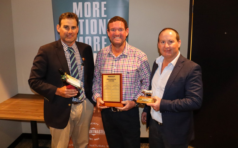 Don McConnel accepts the 2026 Droughtmaster President’s Award at the Ekka. Pictured: Droughtmaster Australia President Steve Farmer, Don McConnel of Mt Brisbane Droughtmasters, and CEO Simon Gleeson.